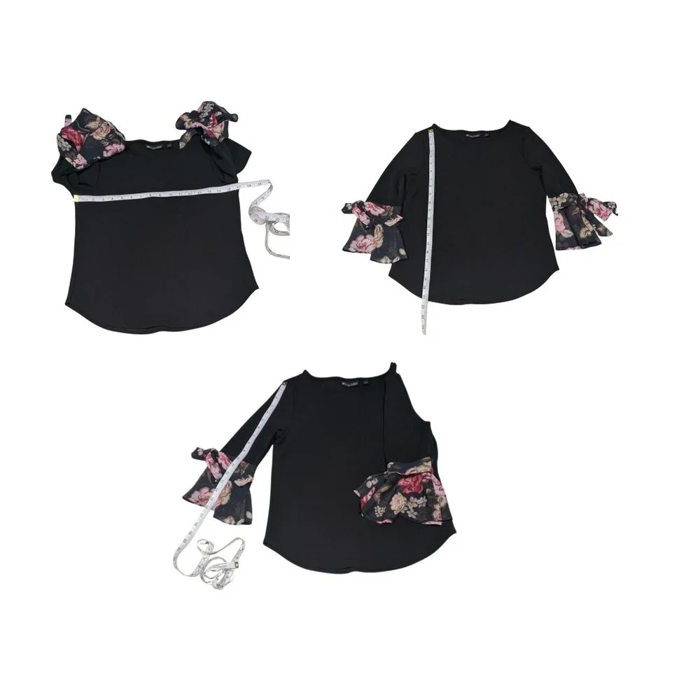 7th Avenue Design Studio Black TopXS Floral Ruffle Bell Sleeve Bow Stretch top - Picture 7 of 7